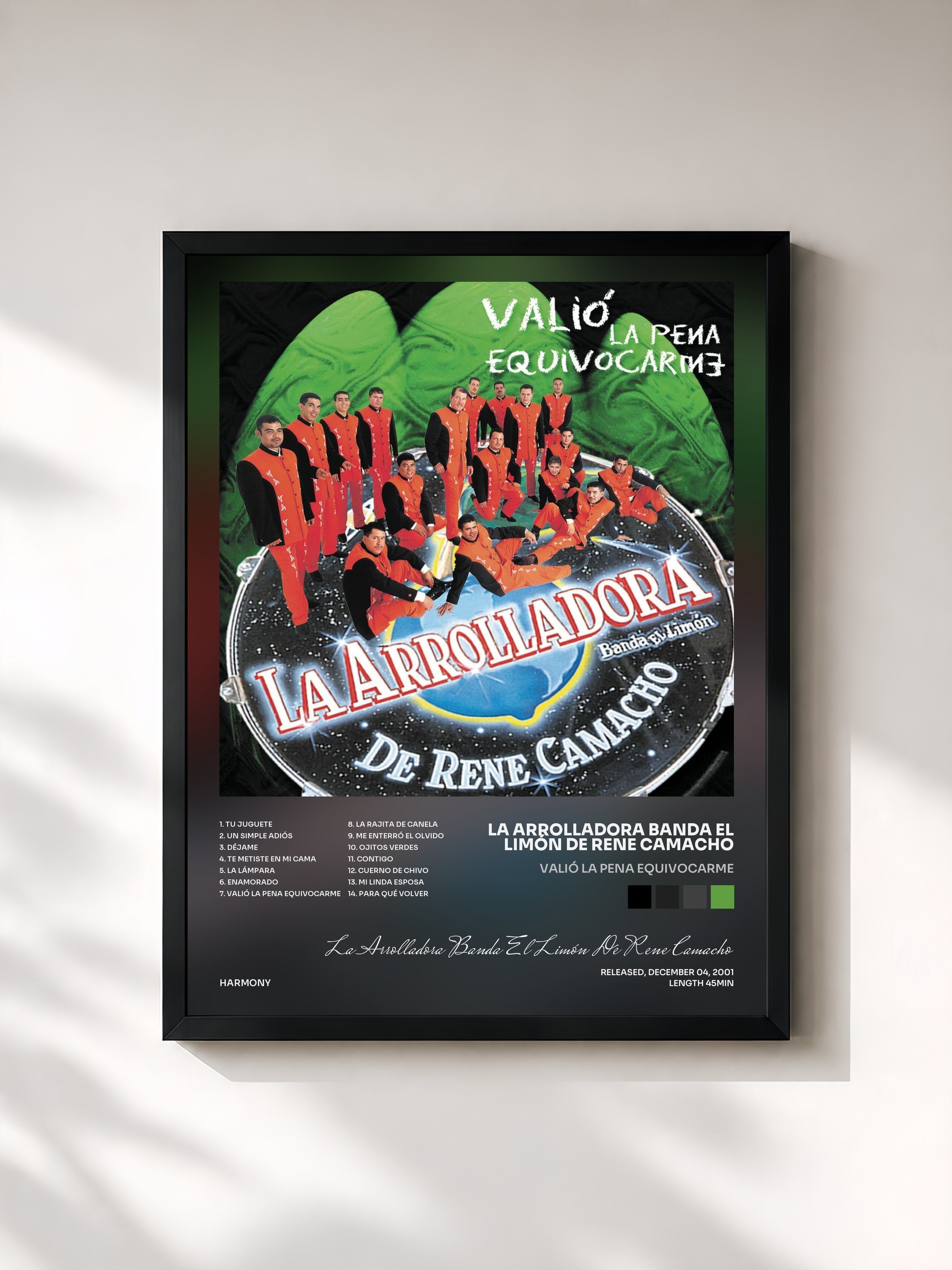 #noir Tableau de l'album Valió La Pena Equivocarme de La Arrolladora Banda El Limón De Rene Camacho, cadre noir, imprimé et encadré en France