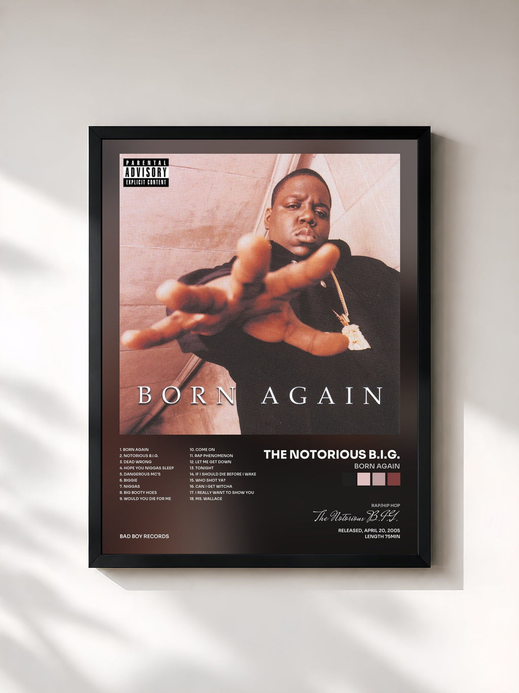 #noir Tableau de l'album Born Again de The Notorious B.I.G., cadre noir, imprimé et encadré en France