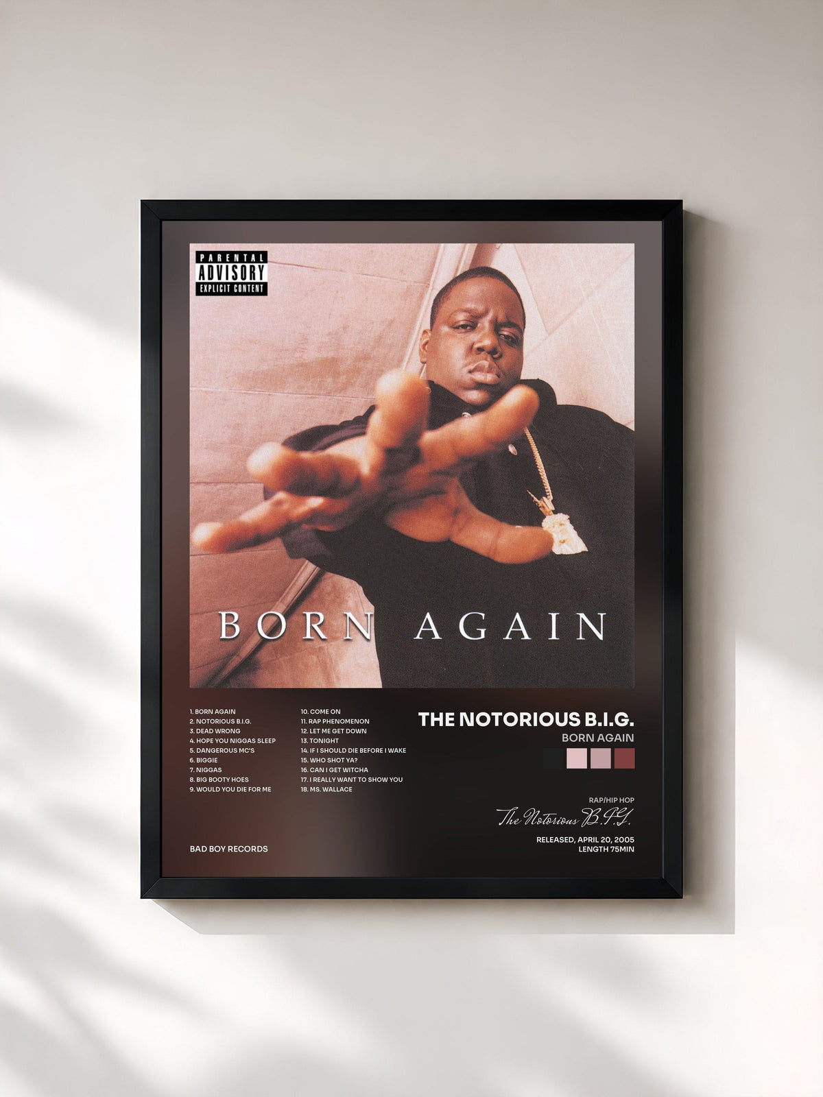 #noir Tableau de l'album Born Again de The Notorious B.I.G., cadre noir, imprimé et encadré en France