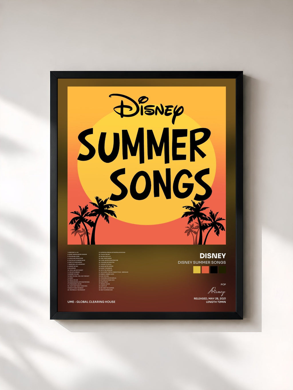 #noir Tableau de l'album Disney Summer Songs de Disney, cadre noir, imprimé et encadré en France