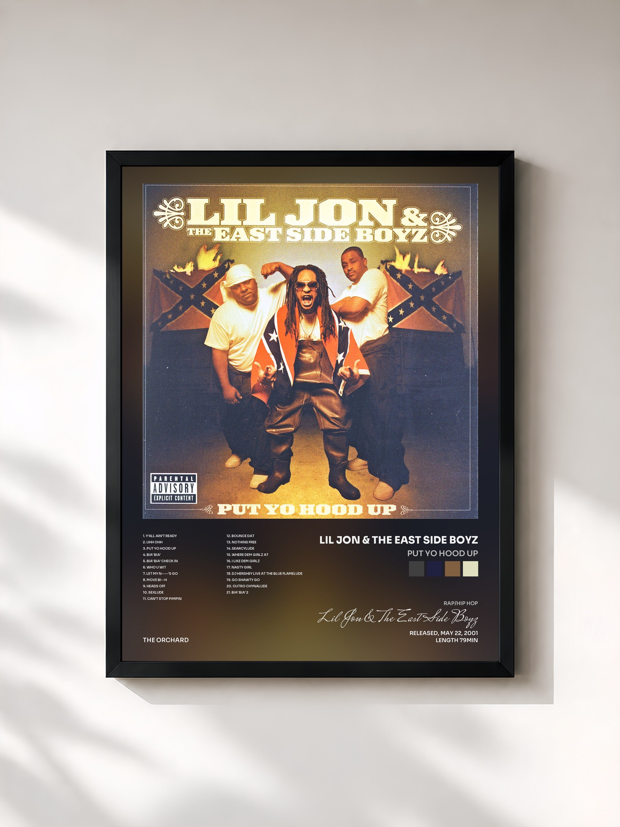 #noir Tableau de l'album Put Yo Hood Up de Lil Jon & The East Side Boyz, cadre noir, imprimé et encadré en France