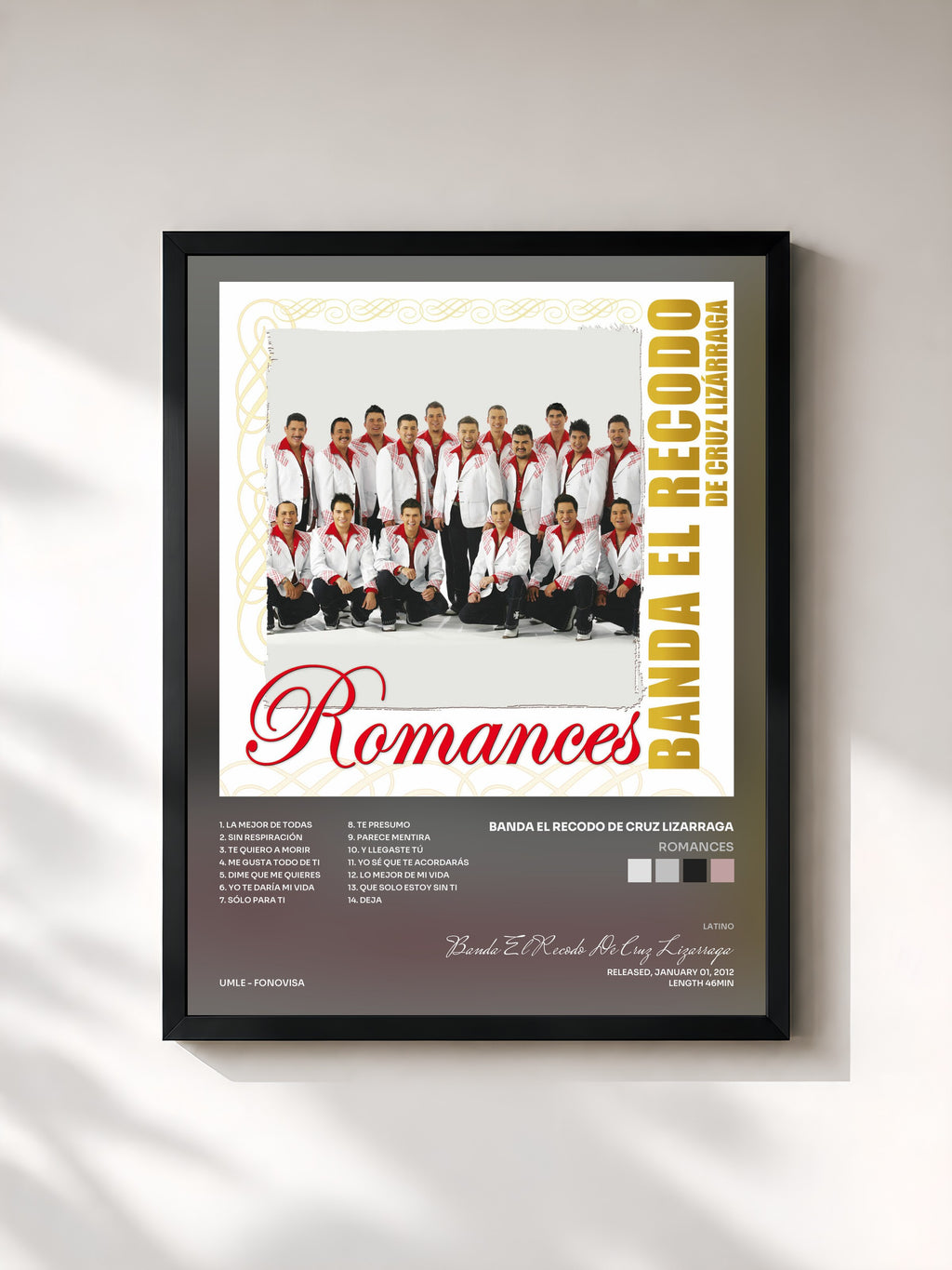 #noir Tableau de l'album Romances de Banda El Recodo De Cruz Lizarraga, cadre noir, imprimé et encadré en France