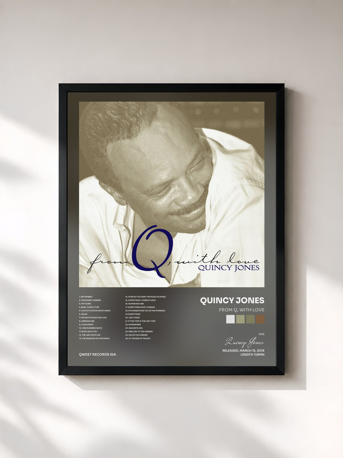#noir Tableau de l'album From Q, With Love de Quincy Jones, cadre noir, imprimé et encadré en France