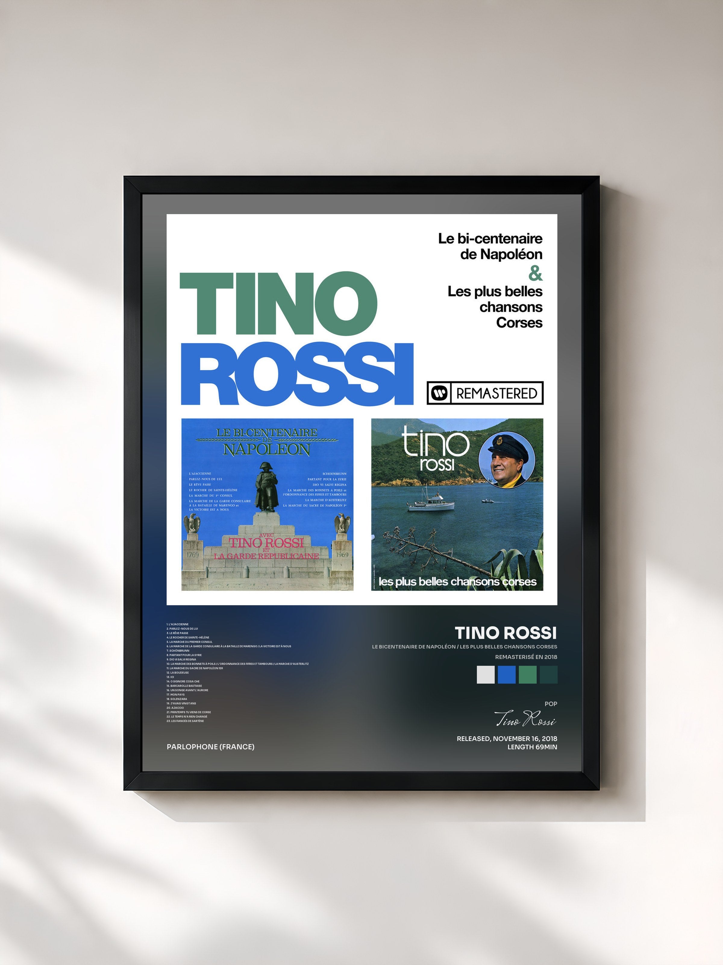#noir Tableau de l'album Le bicentenaire de Napoléon / Les plus belles chansons corses (Remasterisé en 2018) de Tino Rossi, cadre noir, imprimé et encadré en France