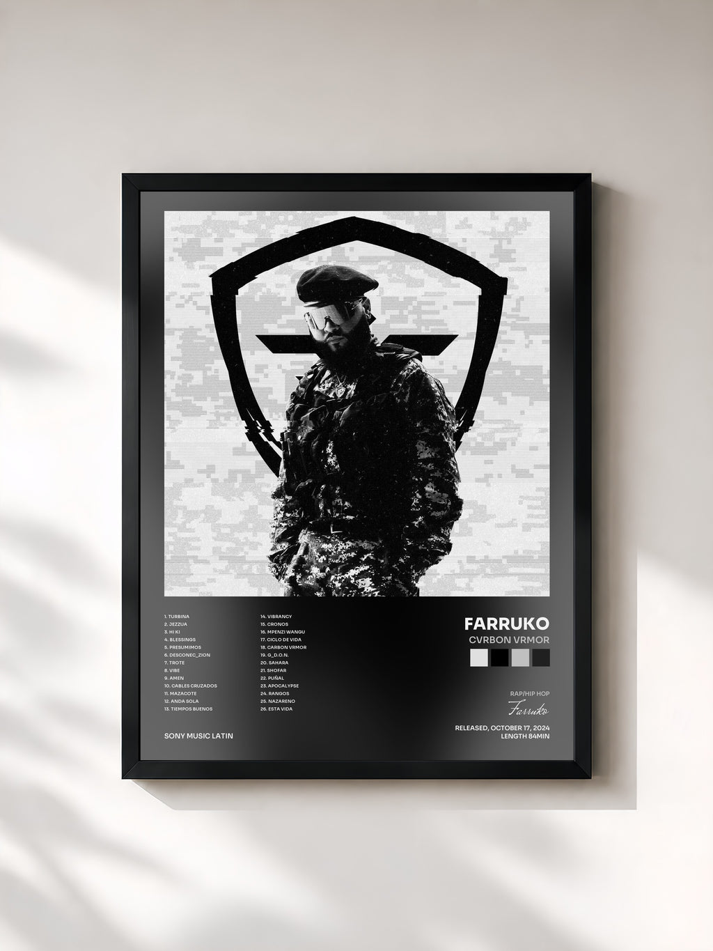 #noir Tableau de l'album CVRBON VRMOR de Farruko, cadre noir, imprimé et encadré en France