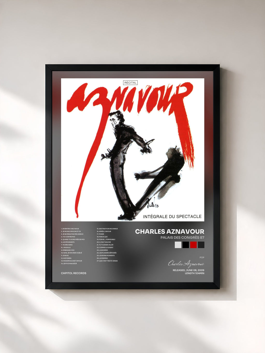 #noir Tableau de l'album Palais Des Congrès 87 de Charles Aznavour, cadre noir, imprimé et encadré en France