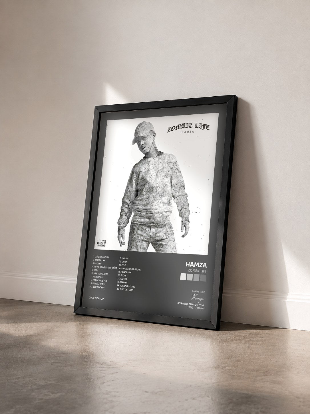 #noir Tableau de l'album Zombie Life de Hamza vu de trois quarts, cadre noir