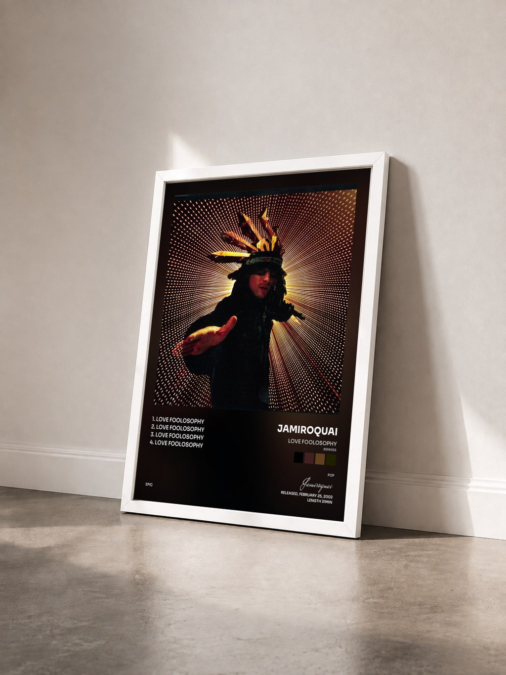#blanc Love Foolosophy (Remixes) de Jamiroquai en lámina enmarcada vista de tres cuartos, marco blanco