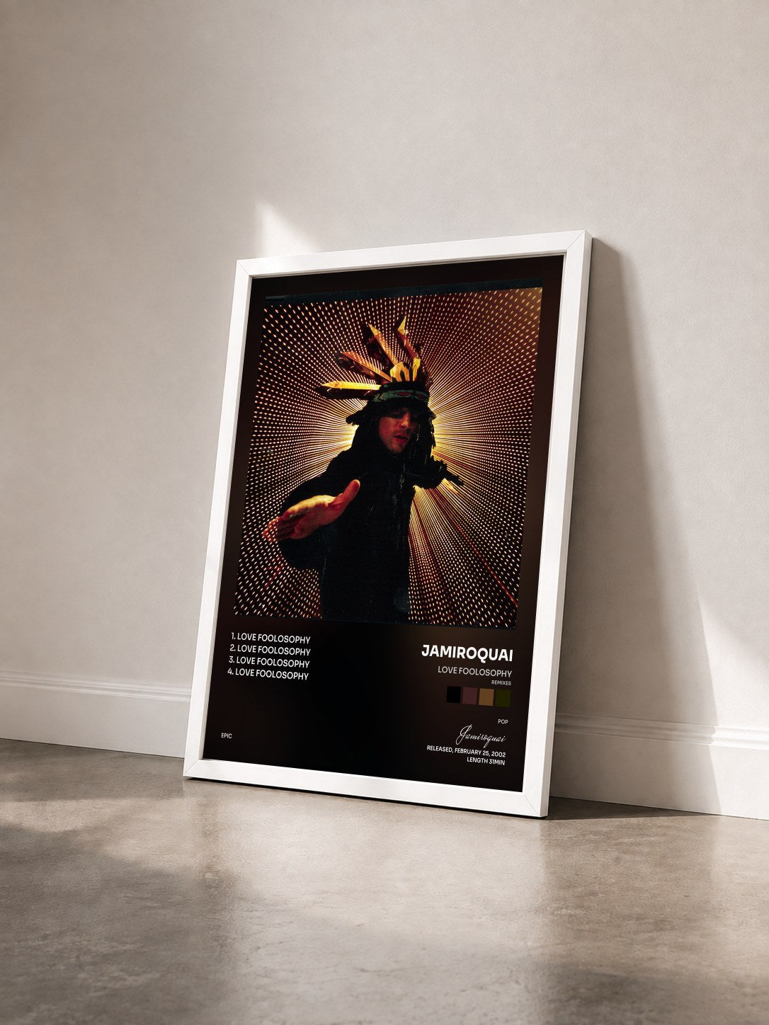 #blanc Love Foolosophy (Remixes) de Jamiroquai en lámina enmarcada vista de tres cuartos, marco blanco