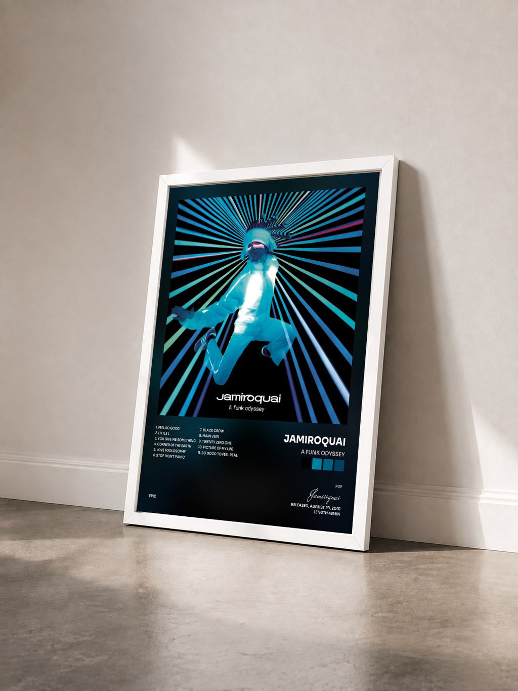 #blanc Tableau de l'album A Funk Odyssey de Jamiroquai vu de trois quarts, cadre blanc