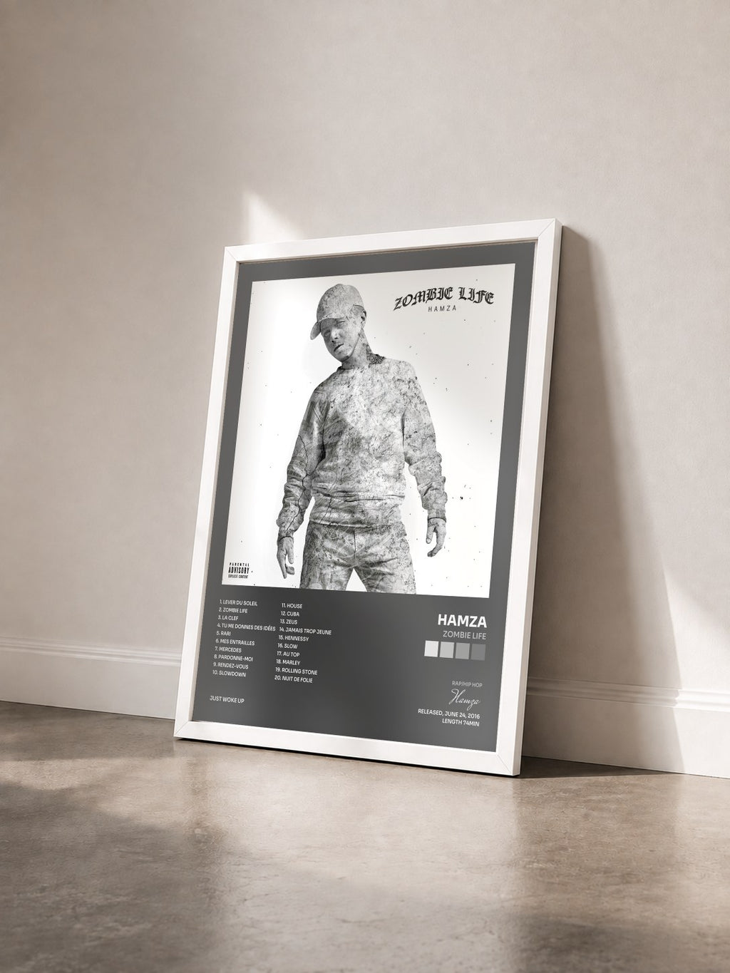 #blanc Tableau de l'album Zombie Life de Hamza vu de trois quarts, cadre blanc
