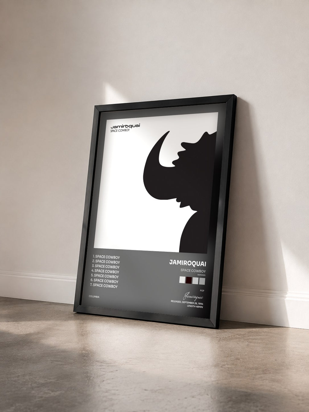#noir Space Cowboy (Remixes) di Jamiroquai in stampa incorniciata vista di tre quarti, cornice nera