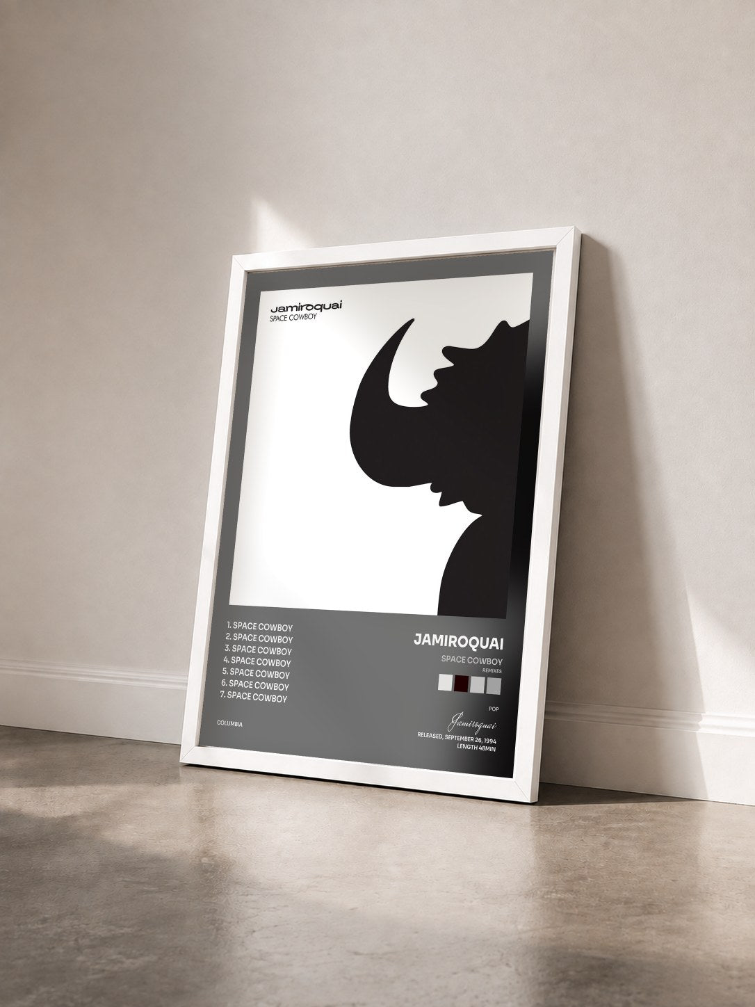 #blanc Space Cowboy (Remixes) de Jamiroquai en lámina enmarcada vista de tres cuartos, marco blanco