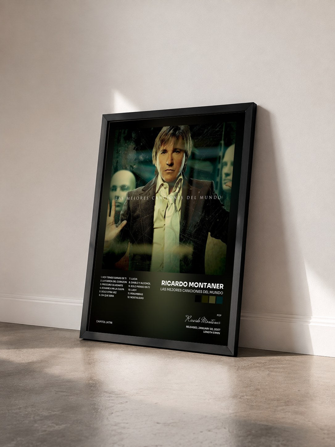 #noir Tableau de l'album Las Mejores Canciones Del Mundo de Ricardo Montaner vu de trois quarts, cadre noir
