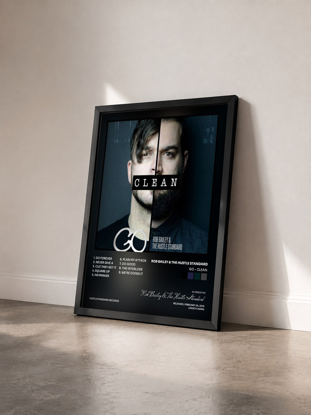 #noir Tableau de l'album Go - Clean de Rob Bailey & The Hustle Standard vu de trois quarts, cadre noir
