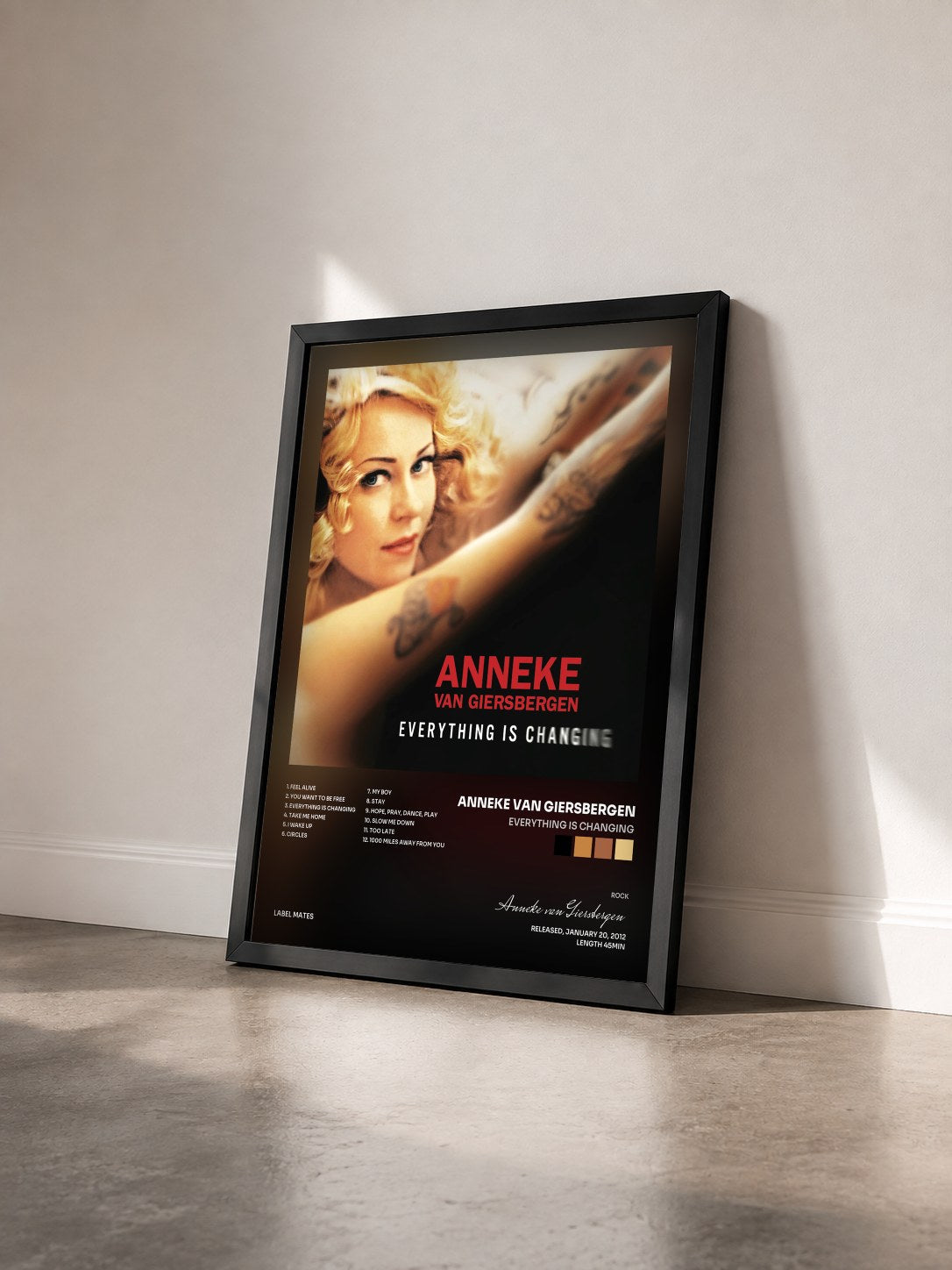 #noir Tableau de l'album Everything Is Changing de Anneke van Giersbergen vu de trois quarts, cadre noir