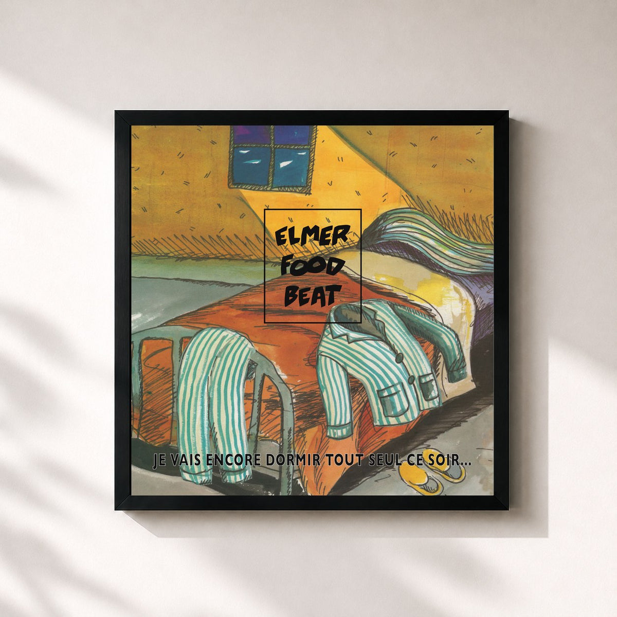 #noir Tableau carré de l'album Je vais encore dormir tout seul ce soir de Elmer Food Beat, cadre noir 32x32 cm