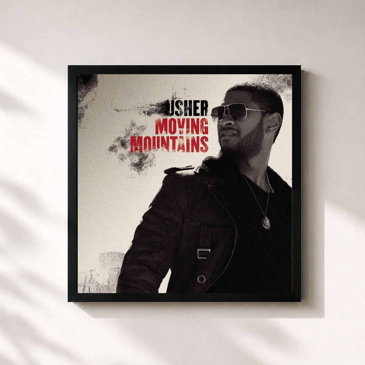 #noir Tableau carré de l'album Moving Mountains de USHER, cadre noir 32x32 cm