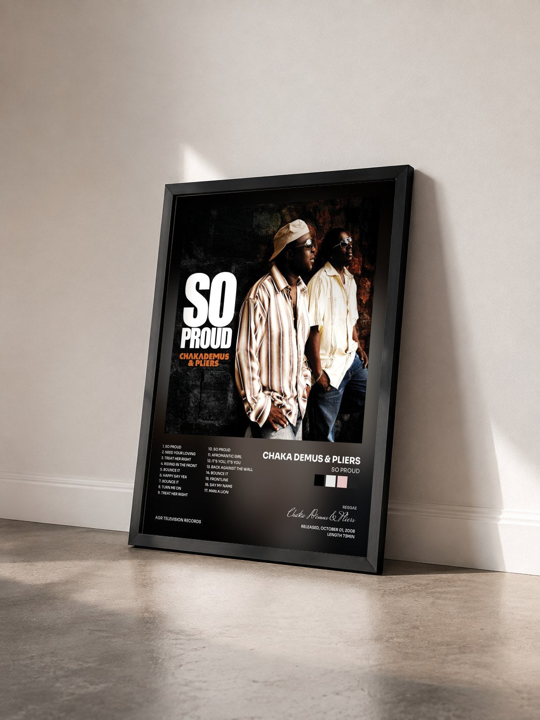 #noir Tableau de l'album So Proud de Chaka Demus & Pliers vu de trois quarts, cadre noir