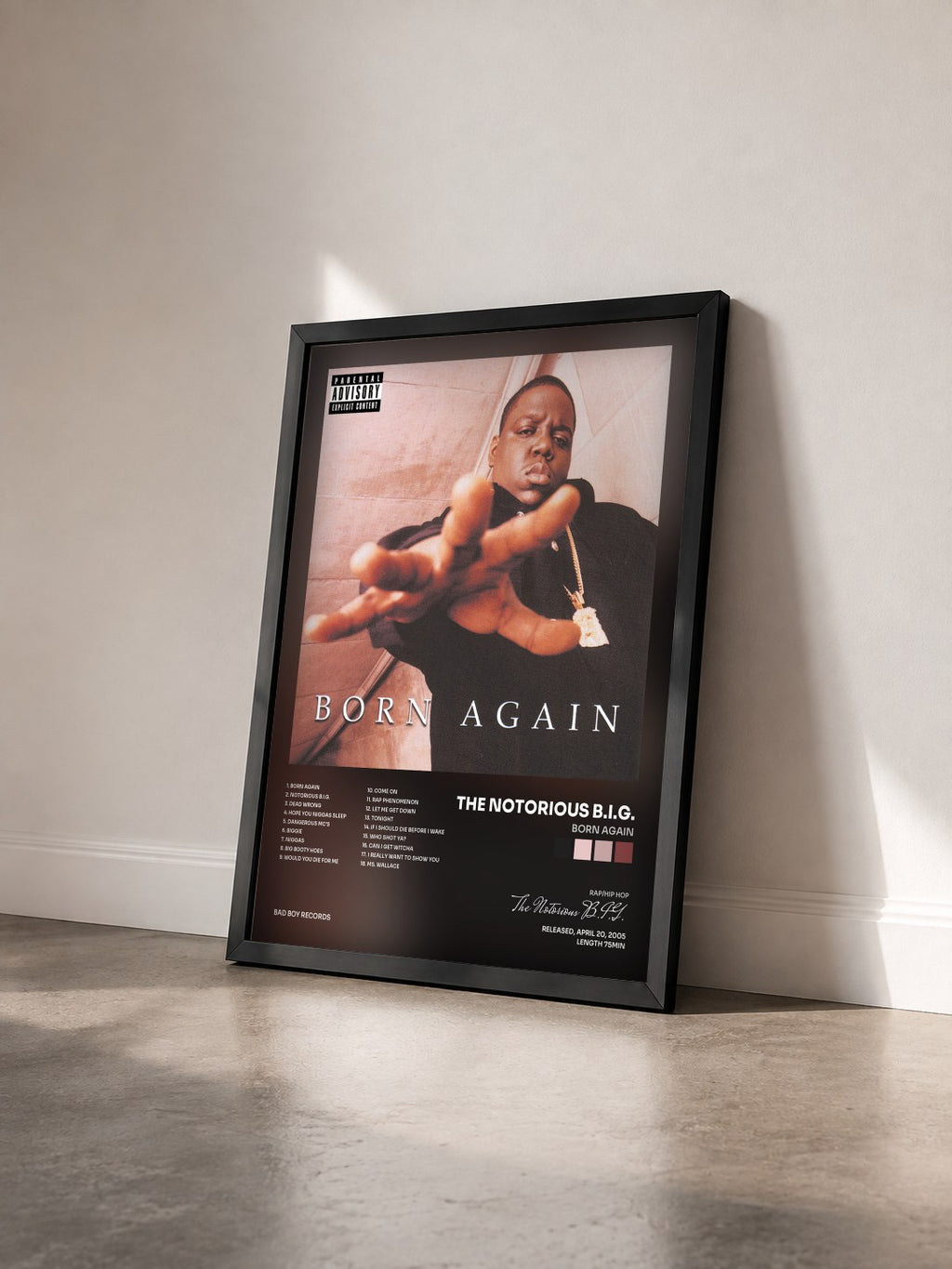 #noir Tableau de l'album Born Again de The Notorious B.I.G. vu de trois quarts, cadre noir