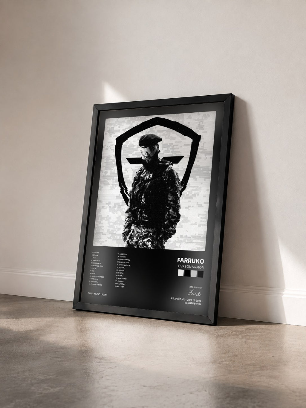 #noir Tableau de l'album CVRBON VRMOR de Farruko vu de trois quarts, cadre noir