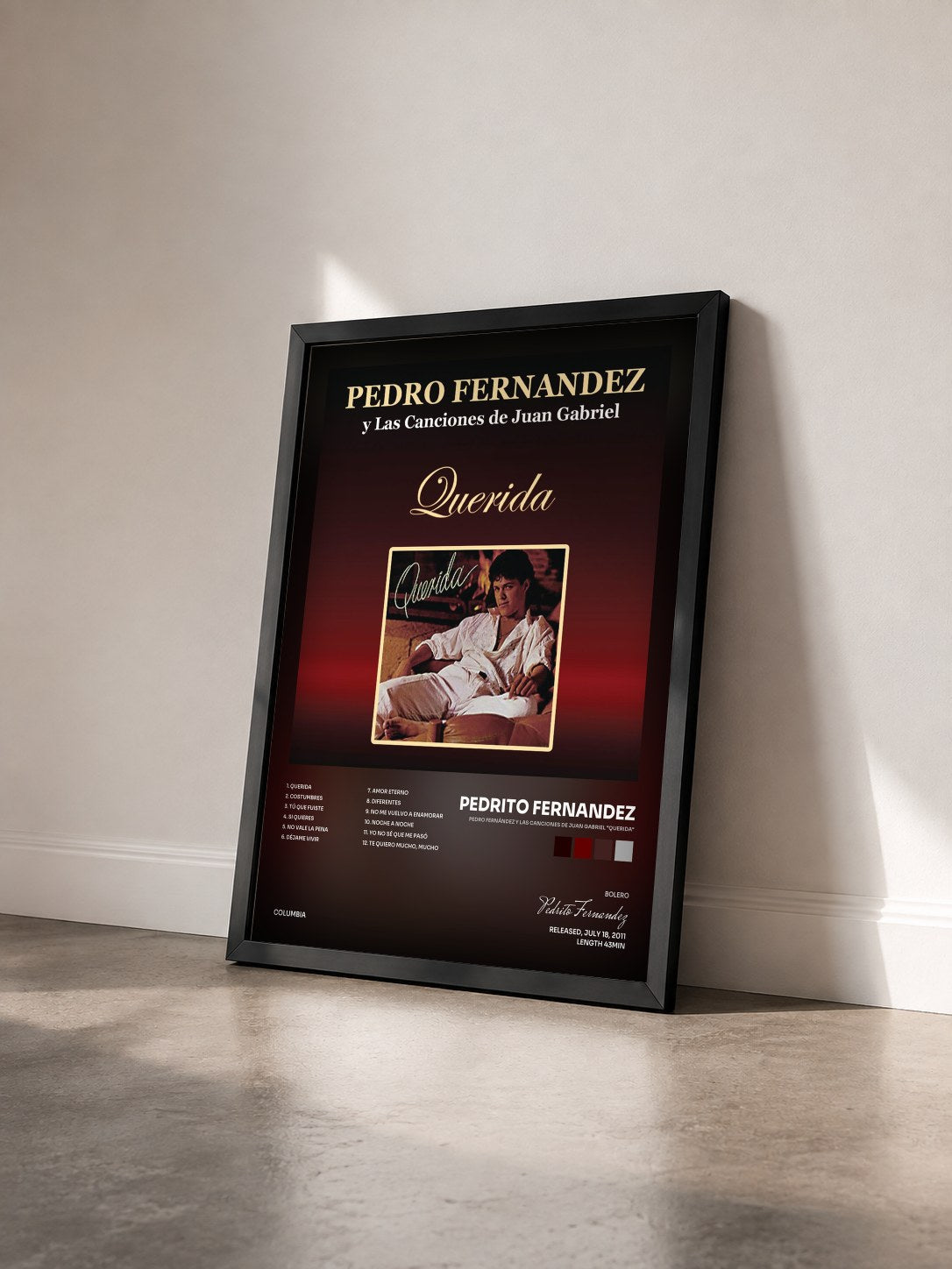 #noir Tableau de l'album Pedro Fernández Y Las Canciones de Juan Gabriel "Querida" de Pedrito Fernandez vu de trois quarts, cadre noir