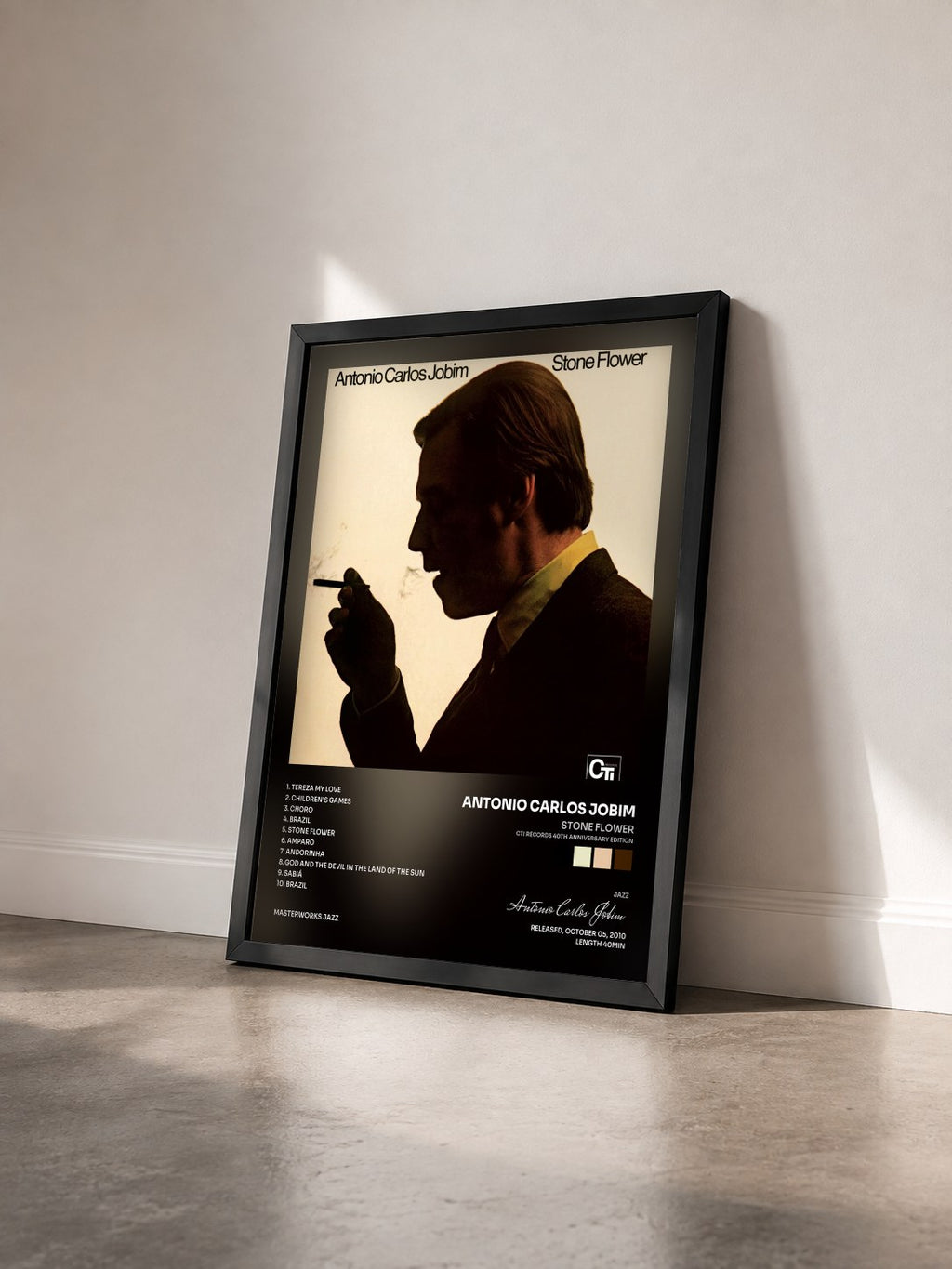 #noir Tableau de l'album Stone Flower (CTI Records 40th Anniversary Edition) de Antonio Carlos Jobim vu de trois quarts, cadre noir