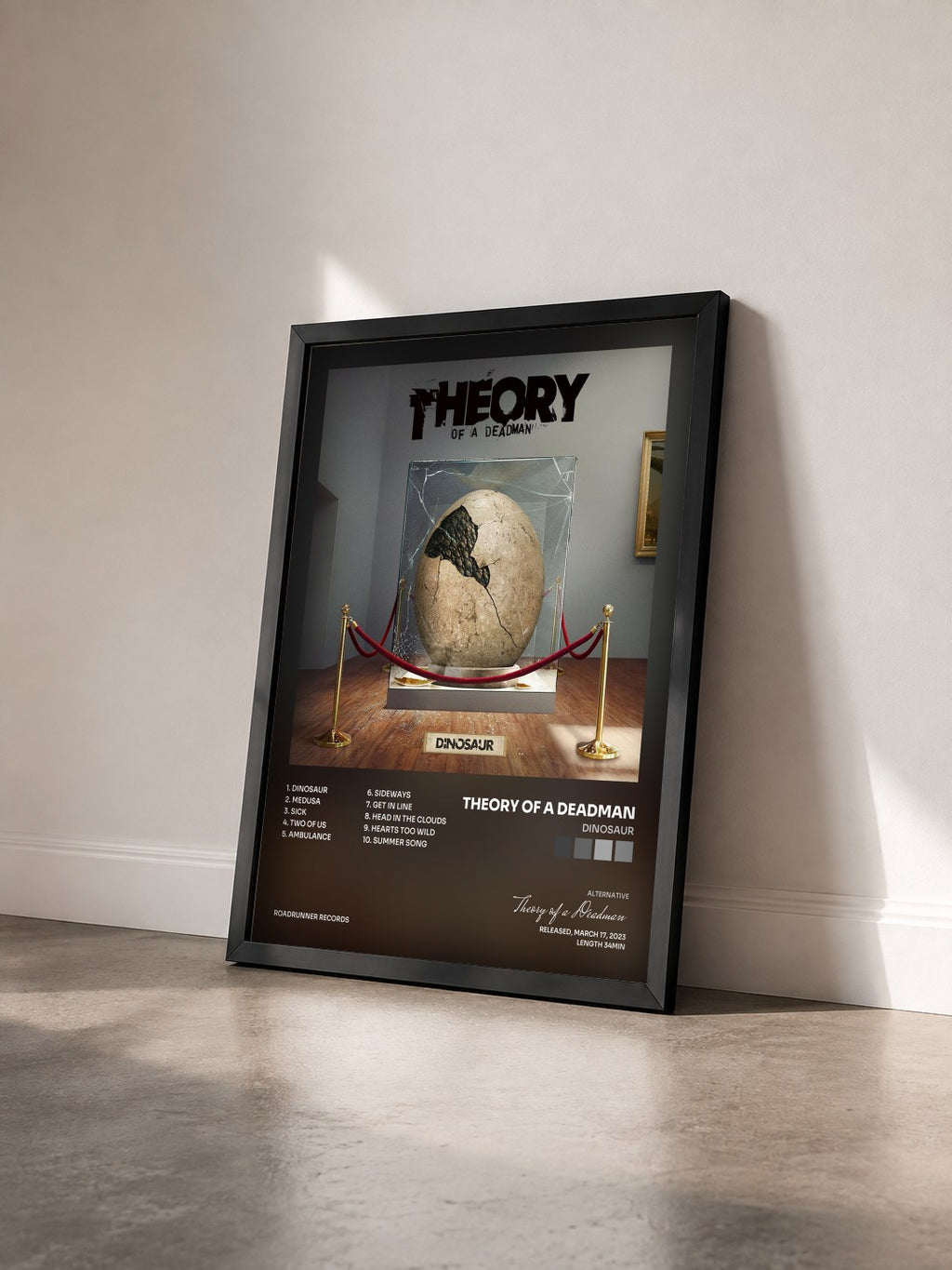 #noir Tableau de l'album Dinosaur de Theory of a Deadman vu de trois quarts, cadre noir