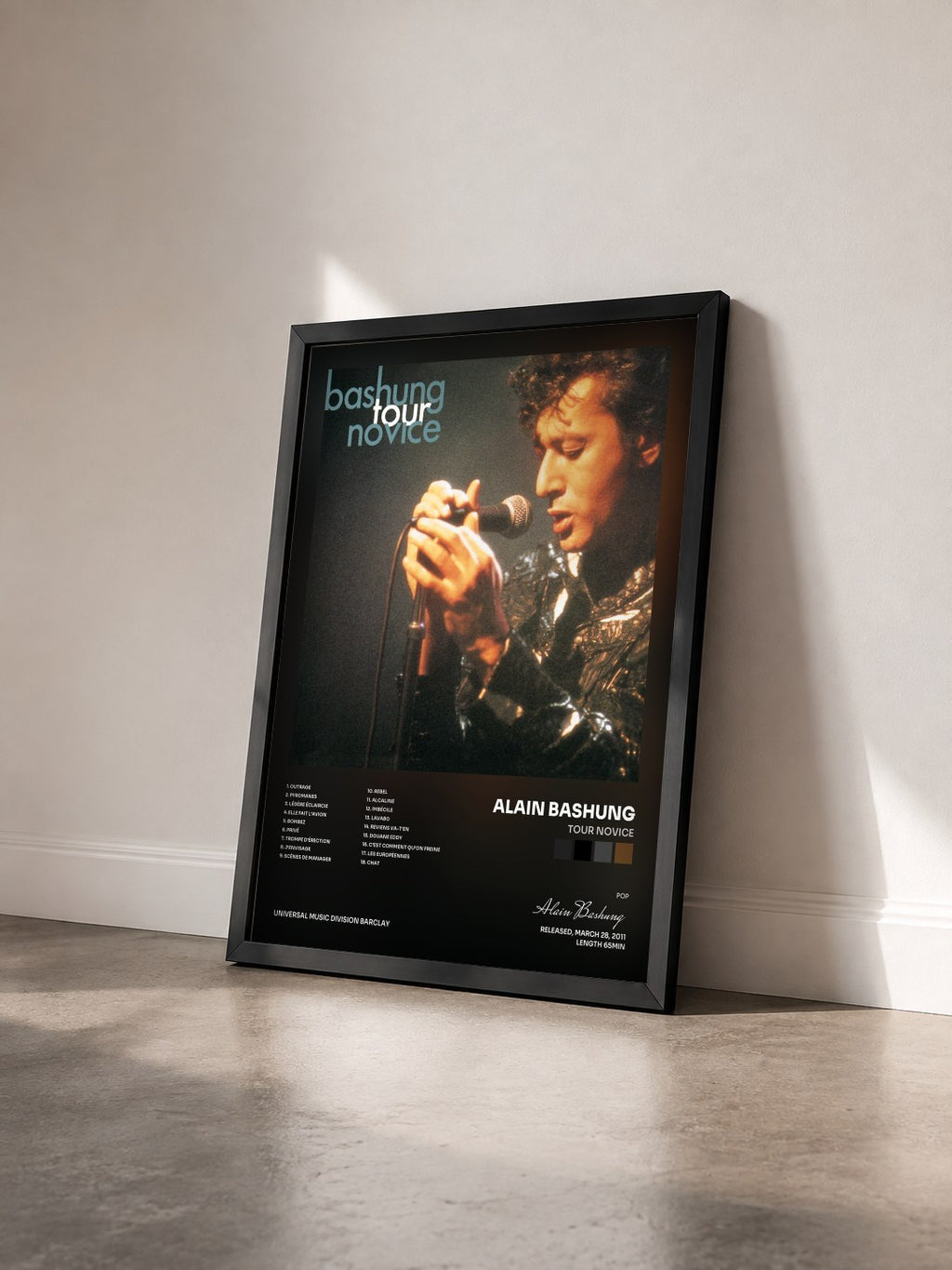 #noir Tour Novice by Alain Bashung as a framed art print seen at an angle, black frame
