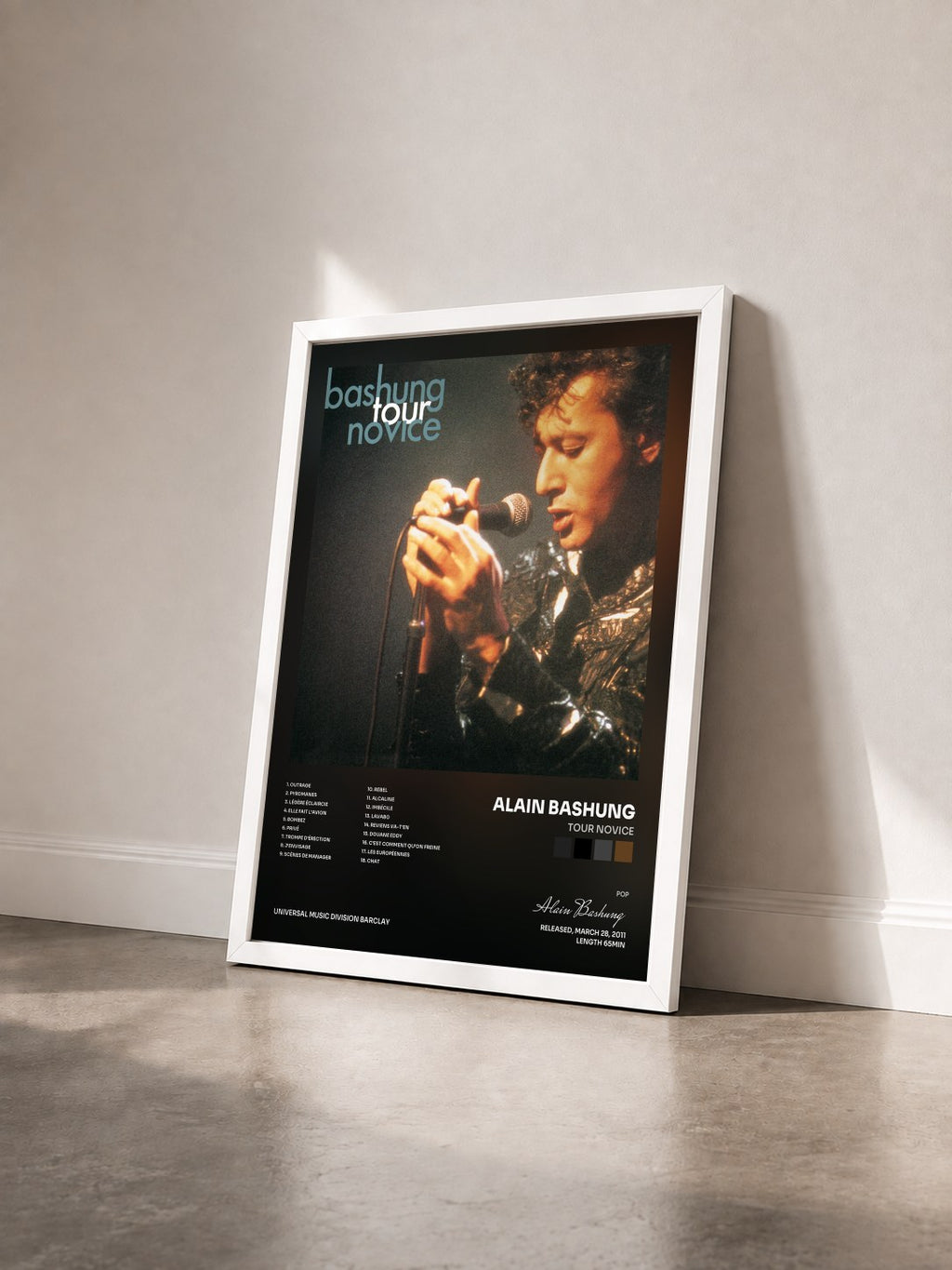 #blanc Tour Novice by Alain Bashung as a framed art print seen at an angle, white frame