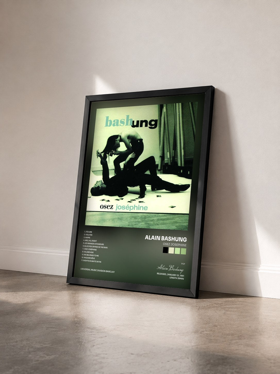#noir Osez Josephine by Alain Bashung as a framed art print seen at an angle, black frame