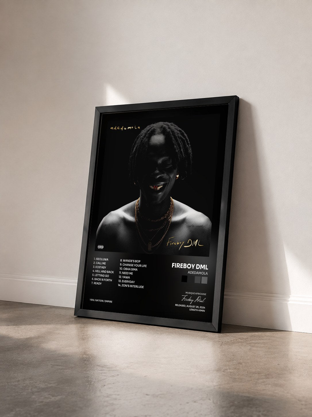 #noir Tableau de l'album adedamola de Fireboy Dml vu de trois quarts, cadre noir