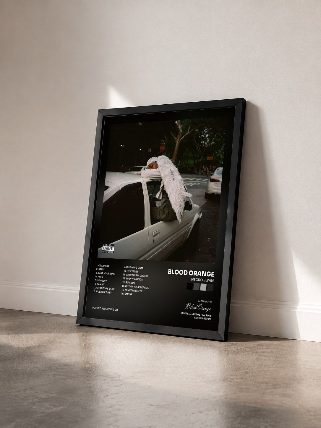#noir Tableau de l'album Negro Swan de Blood Orange vu de trois quarts, cadre noir