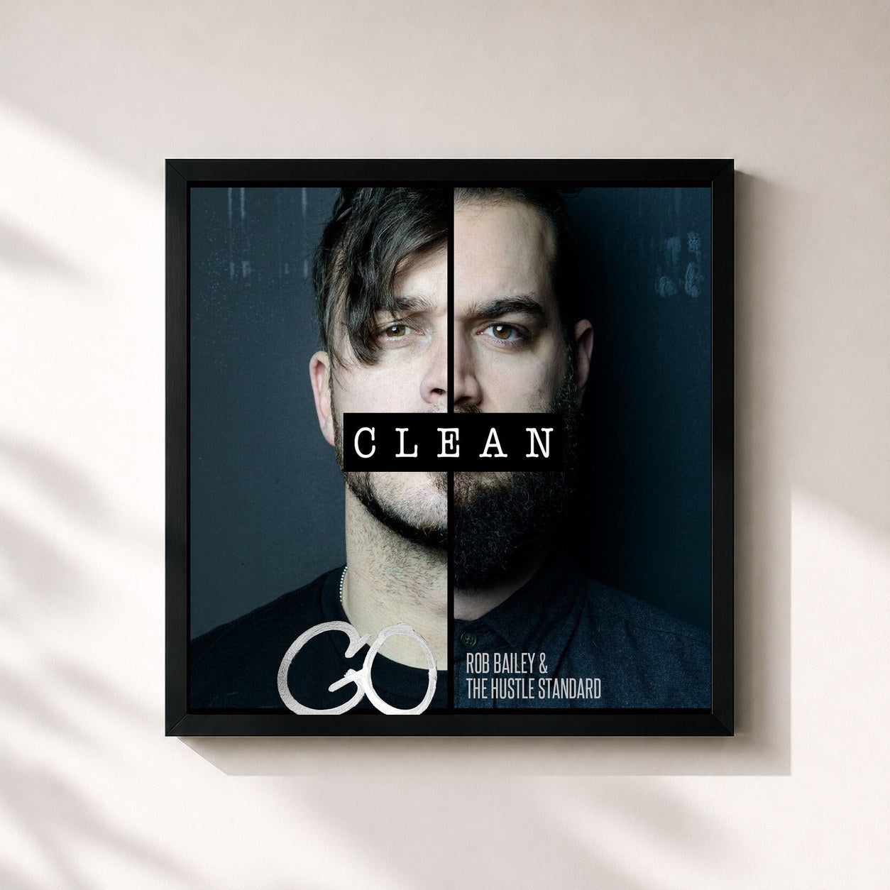 #noir Tableau carré de l'album Go - Clean de Rob Bailey & The Hustle Standard, cadre noir 32x32 cm