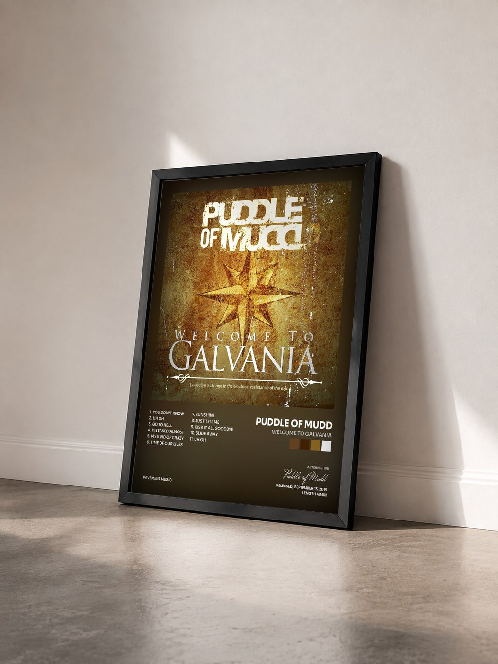 #noir Welcome to Galvania de Puddle of Mudd en lámina enmarcada vista de tres cuartos, marco negro