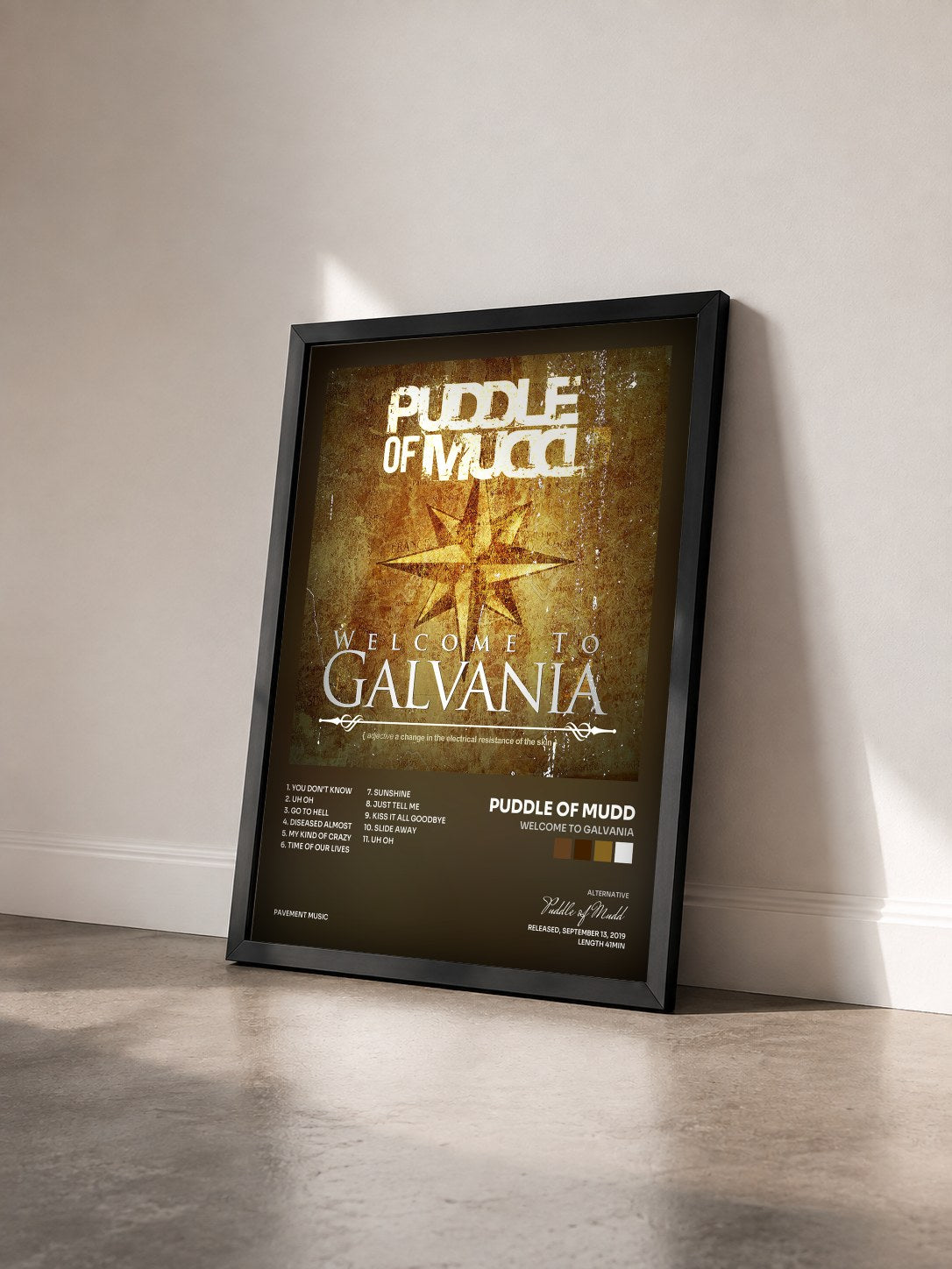 #noir Welcome to Galvania de Puddle of Mudd en lámina enmarcada vista de tres cuartos, marco negro