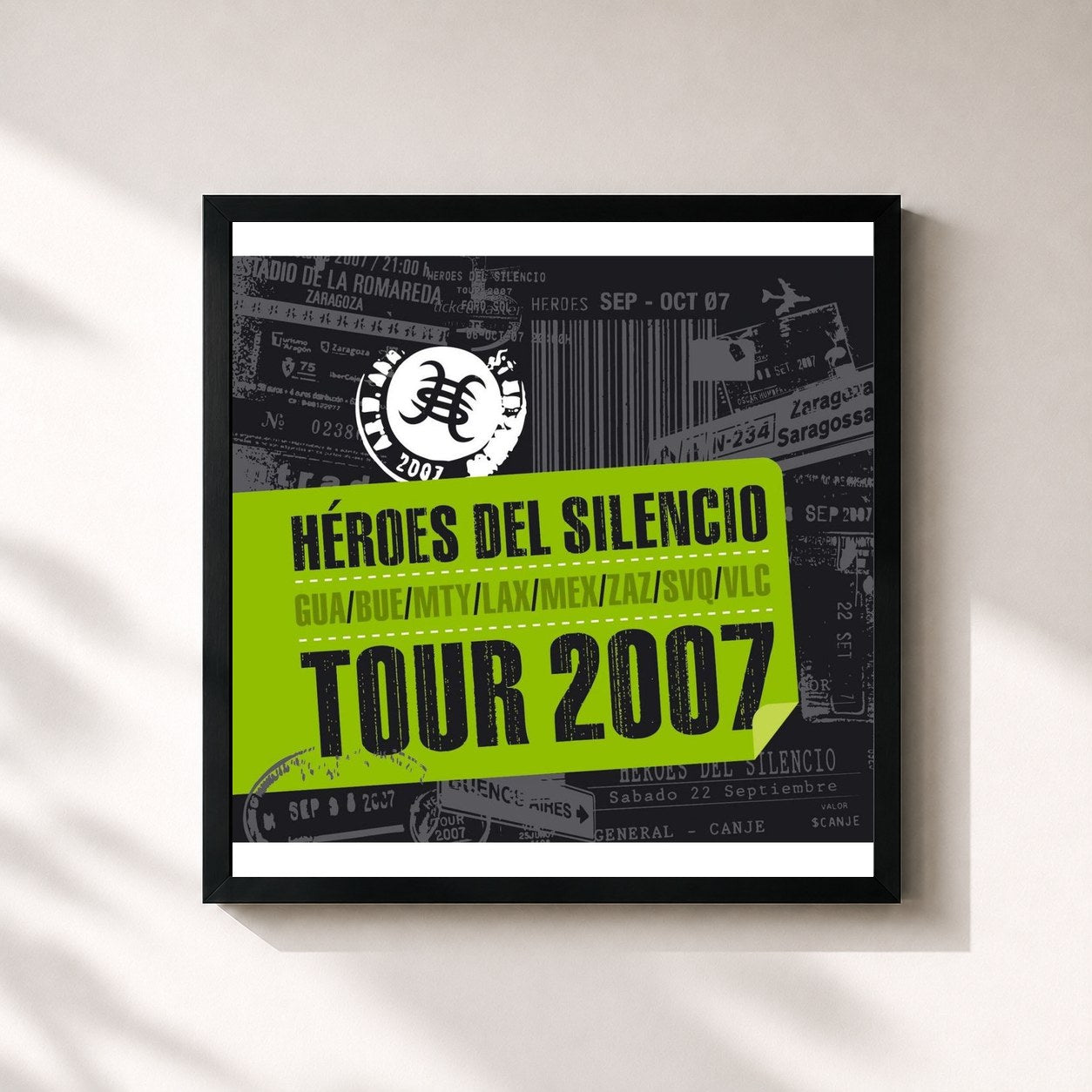 #noir Tableau carré de l'album Tour 2007 de Héroes del Silencio, cadre noir 32x32 cm
