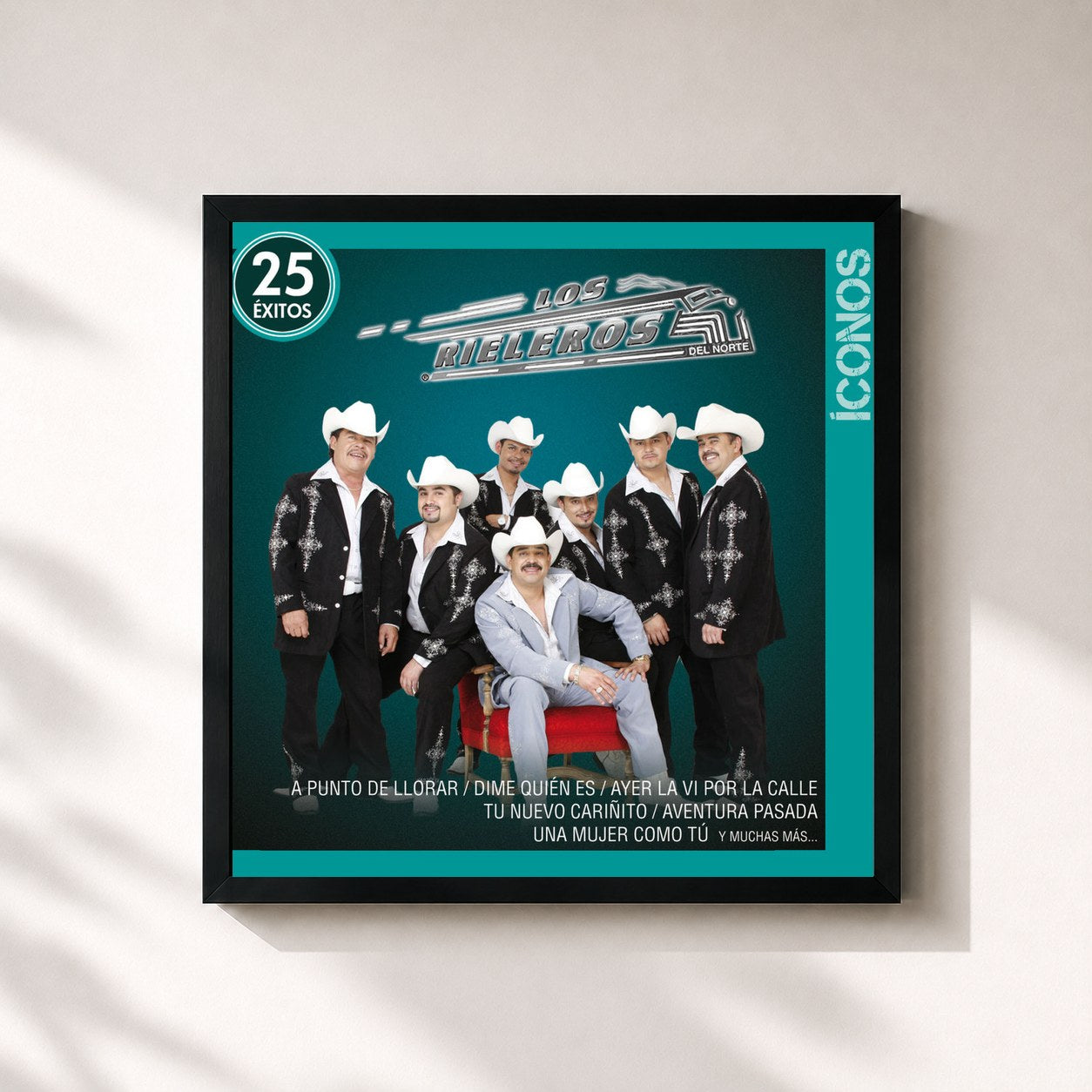 #noir Tableau carré de l'album Íconos 25 Éxitos de Los Rieleros Del Norte, cadre noir 32x32 cm