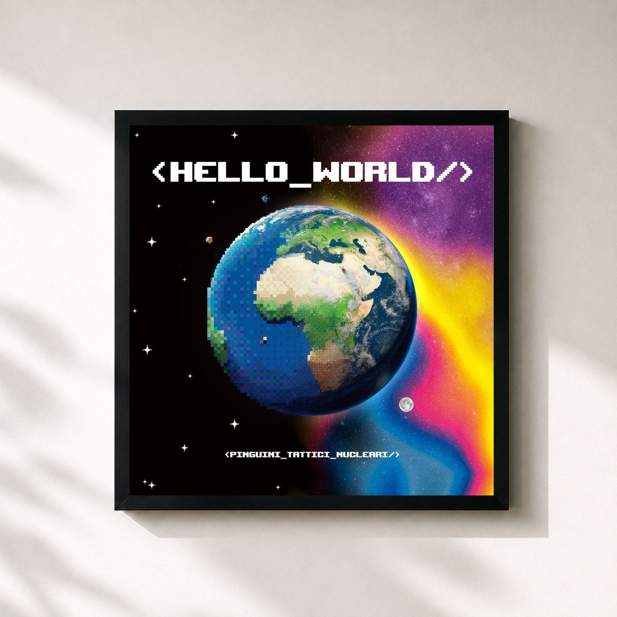 #noir Tableau carré de l'album Hello World de Pinguini Tattici Nucleari, cadre noir 32x32 cm