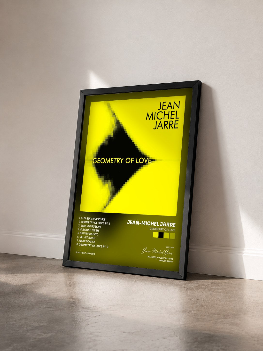 #noir Tableau de l'album Geometry of Love de Jean-Michel Jarre vu de trois quarts, cadre noir