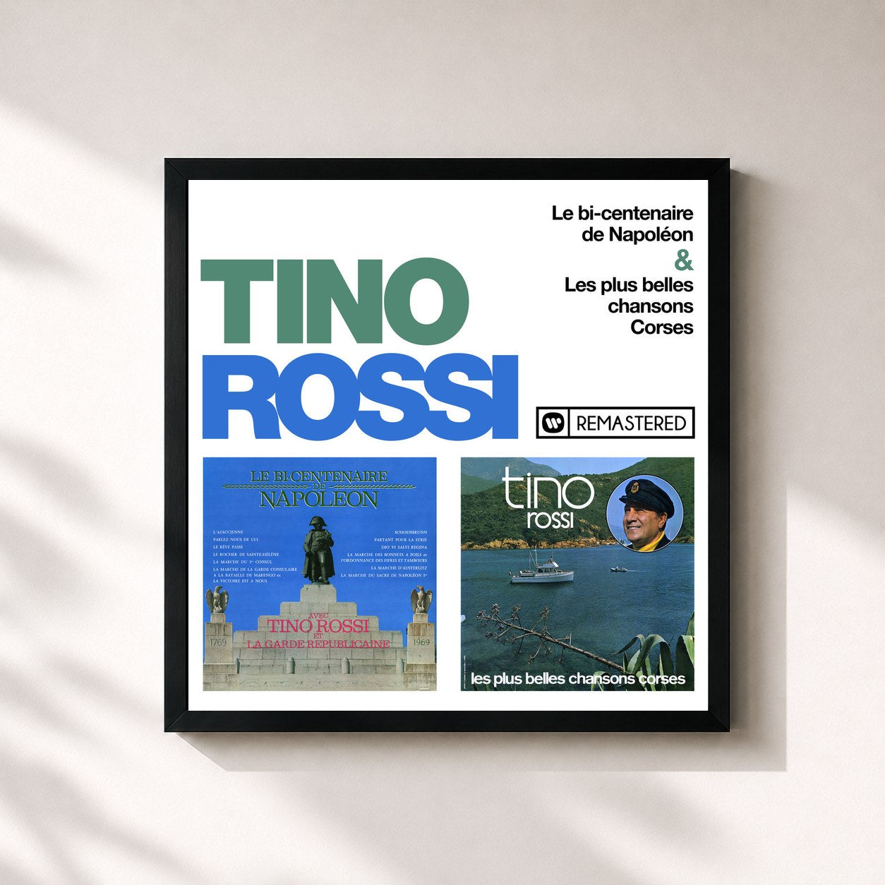 #noir Tableau carré de l'album Le bicentenaire de Napoléon / Les plus belles chansons corses (Remasterisé en 2018) de Tino Rossi, cadre noir 32x32 cm