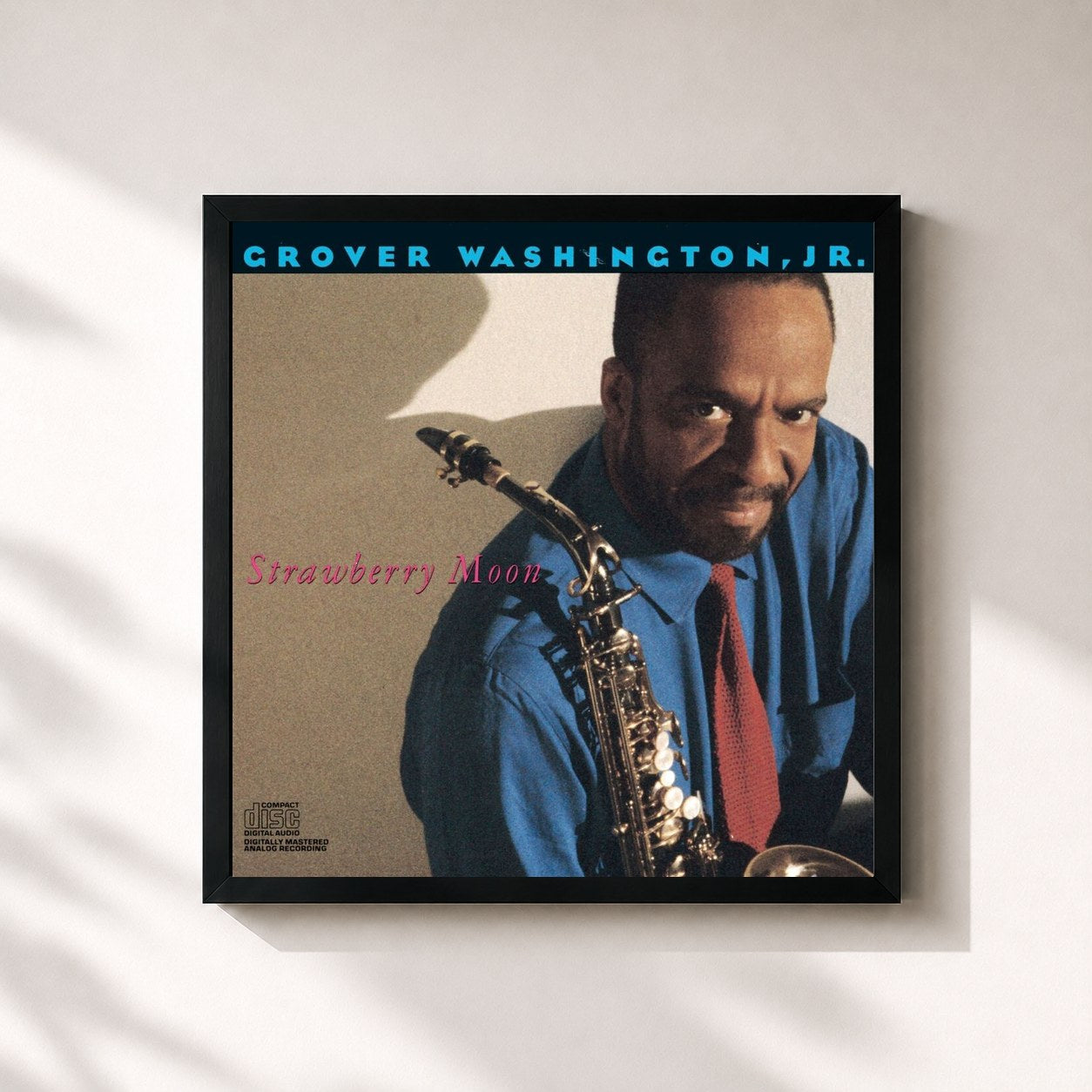 #noir Tableau carré de l'album Strawberry Moon de Grover Washington, Jr., cadre noir 32x32 cm