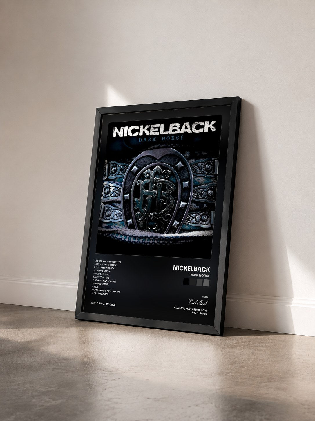 #noir Dark Horse by Nickelback as a framed art print seen at an angle, black frame