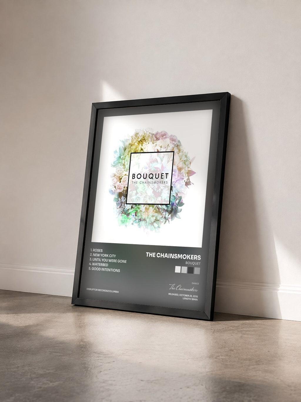 #noir Tableau de l'album Bouquet de The Chainsmokers vu de trois quarts, cadre noir