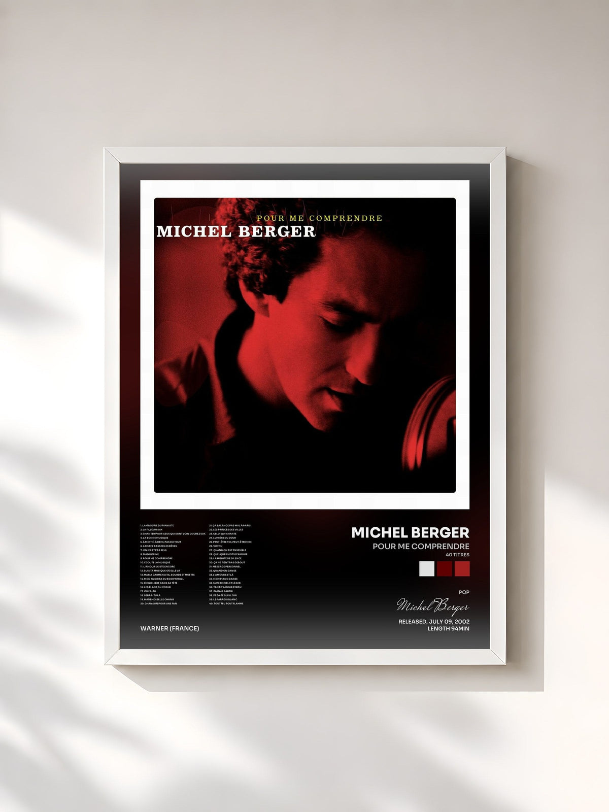 #blanc Tableau de l'album Pour me comprendre (40 titres) de Michel Berger, cadre blanc, imprimé et encadré en France