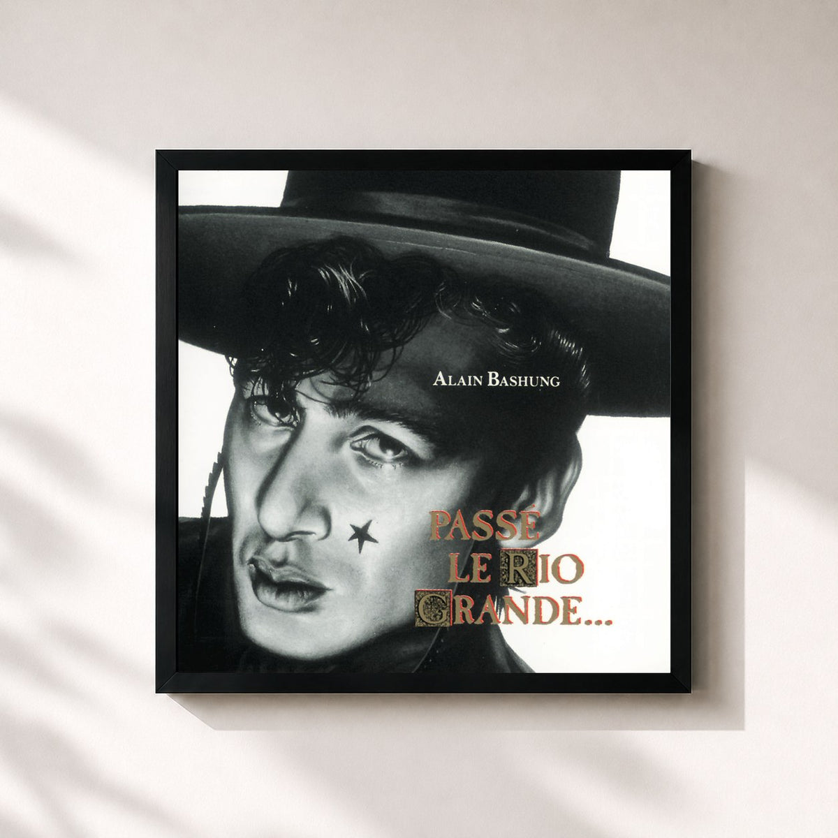 #noir Passe Le Rio Grande di Alain Bashung in stampa quadrata incorniciata, cornice nera 32x32 cm