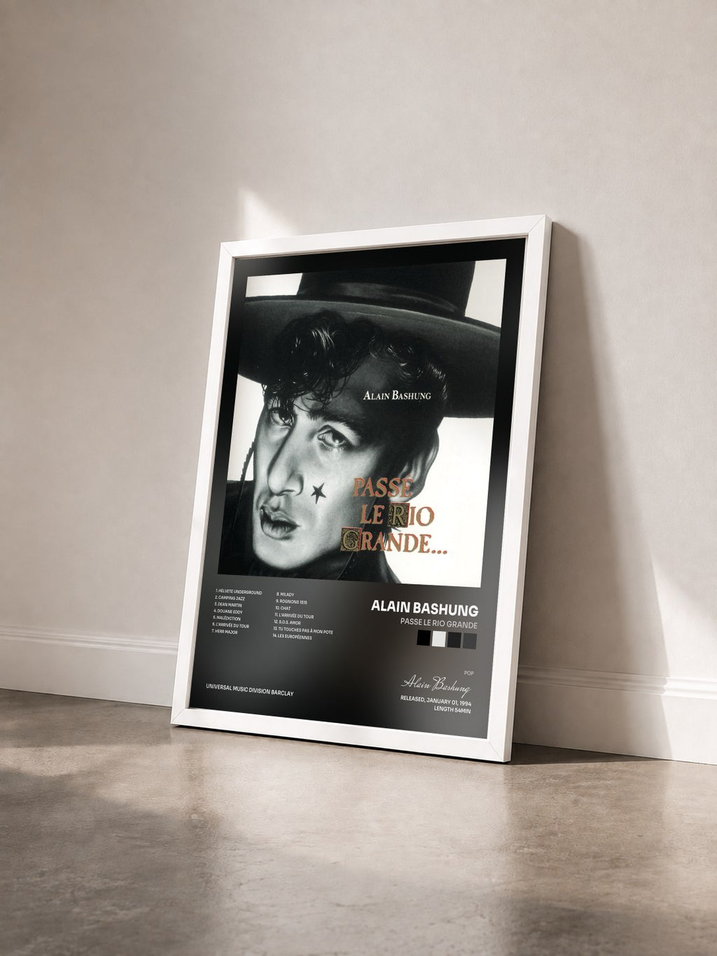 #blanc Passe Le Rio Grande by Alain Bashung as a framed art print seen at an angle, white frame