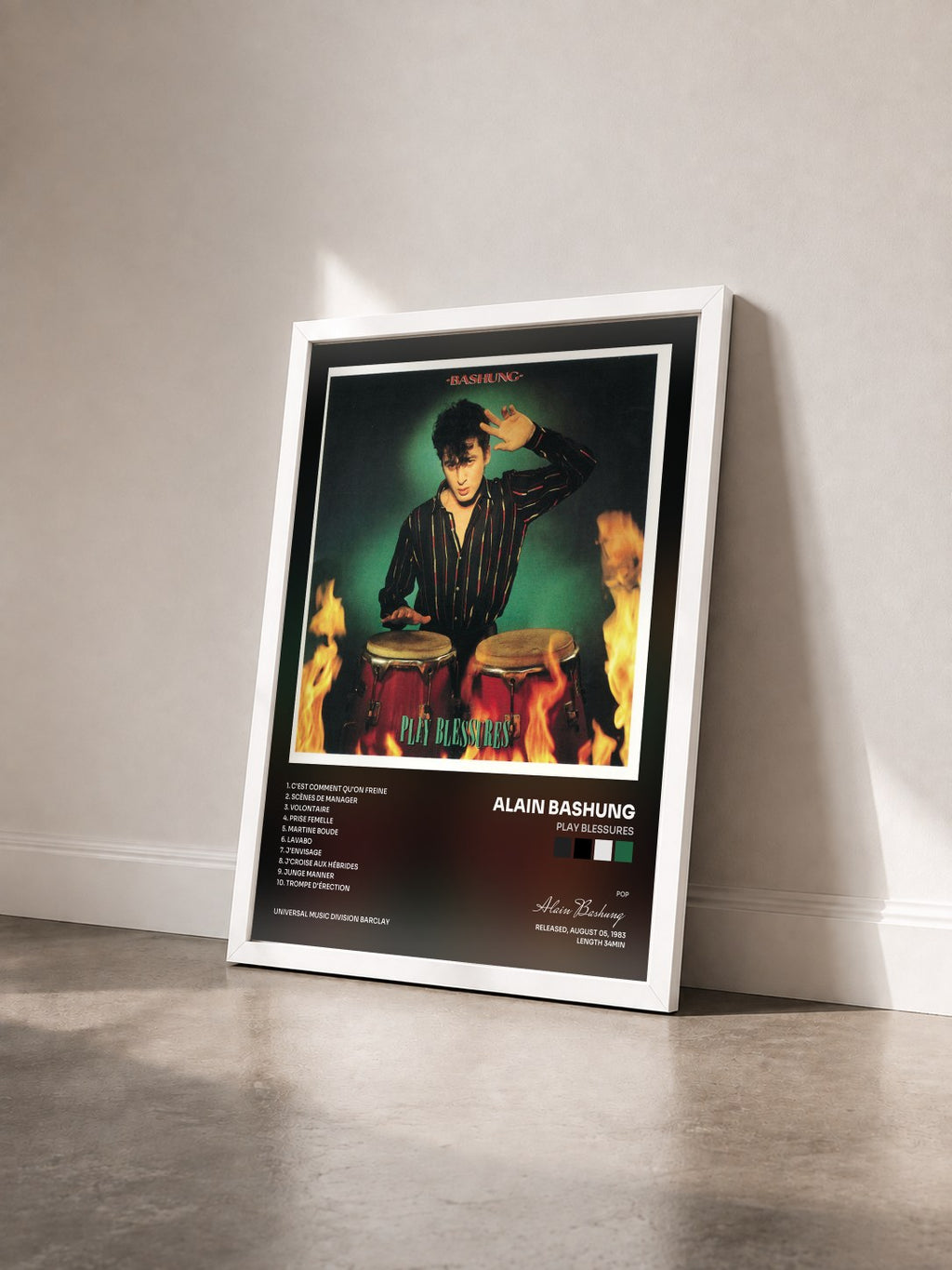#blanc Play Blessures di Alain Bashung in stampa incorniciata vista di tre quarti, cornice bianca