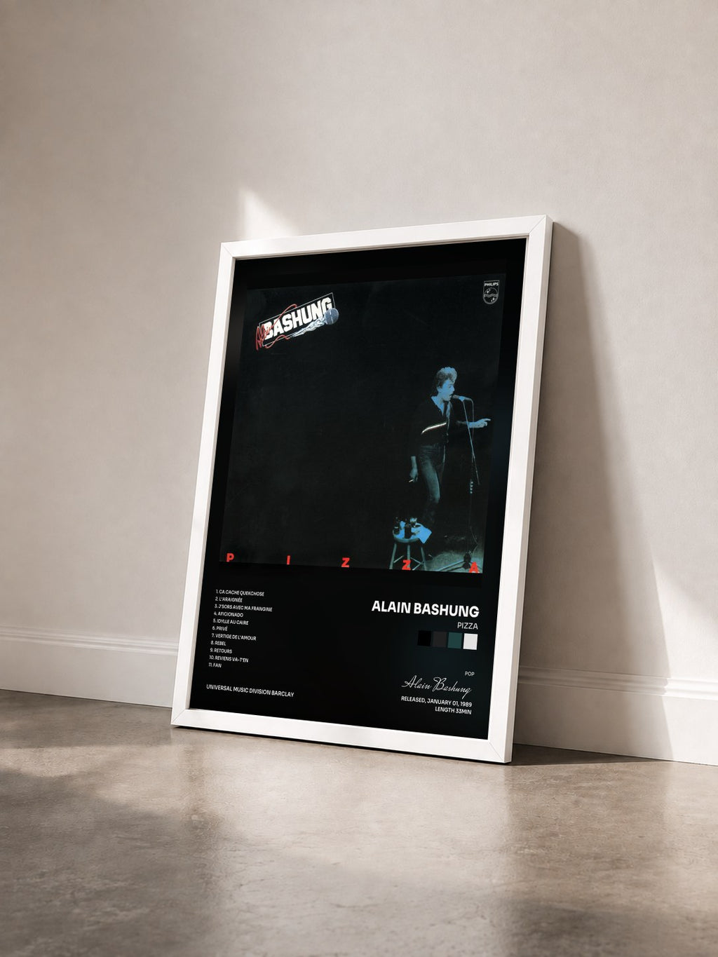 #blanc Pizza by Alain Bashung as a framed art print seen at an angle, white frame