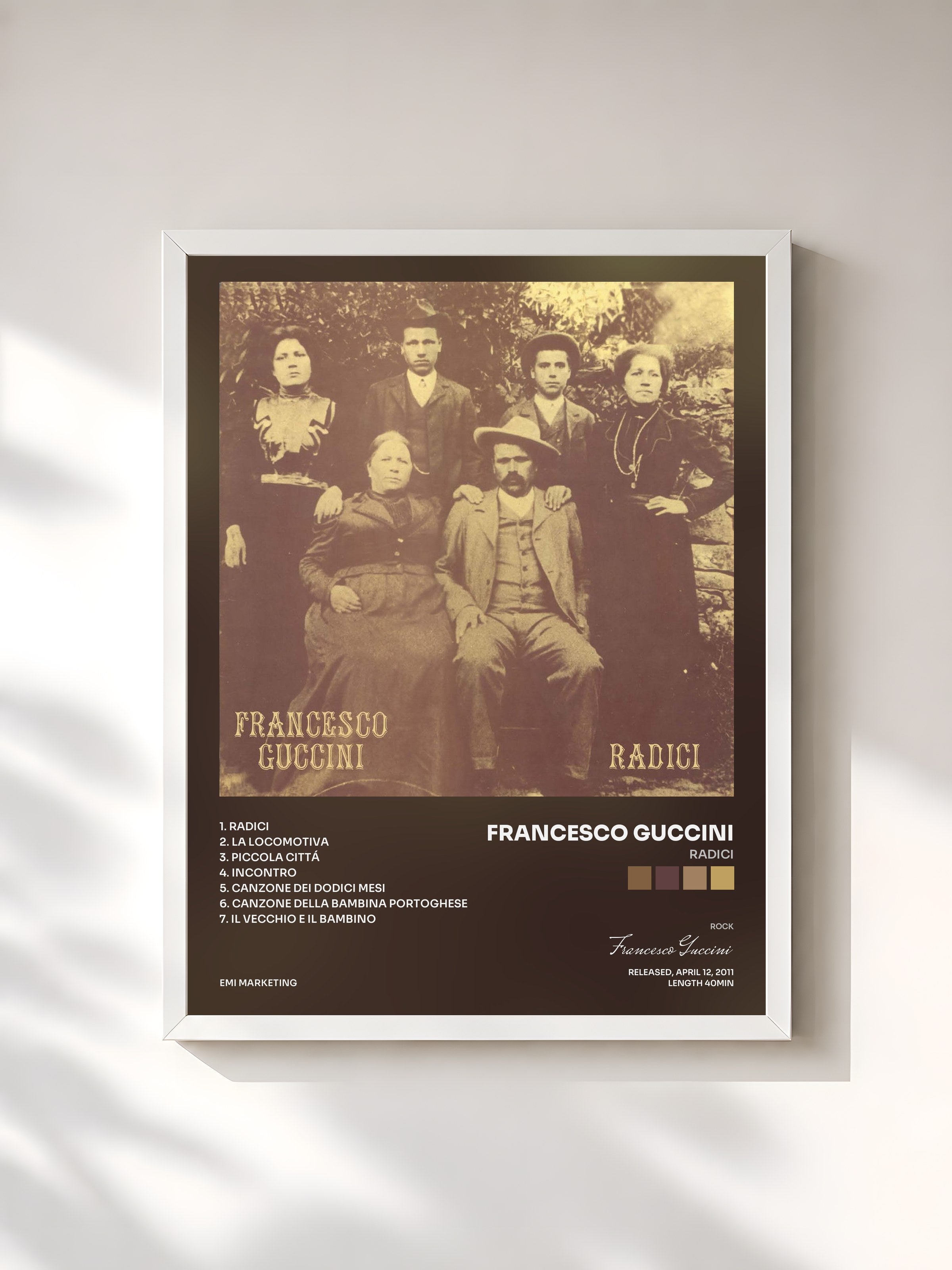 #blanc Tableau de l'album Radici de Francesco Guccini, cadre blanc, imprimé et encadré en France
